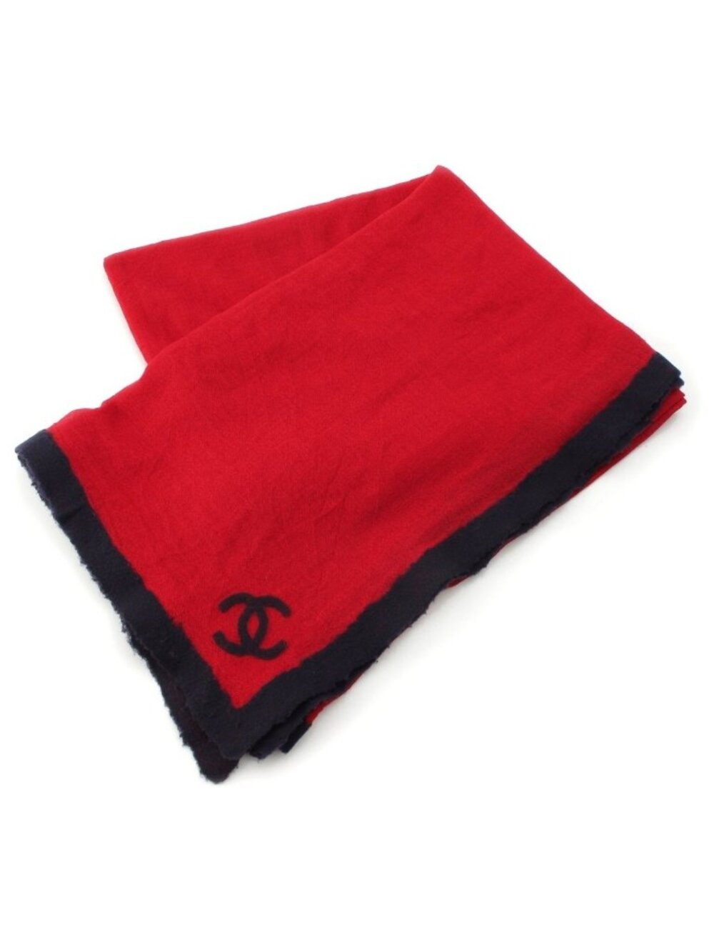 Chanel Cashmere Wool Blend CC Logo Large Shawl Red Navy Scarf